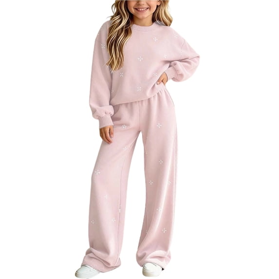 CYRBOKO 2 Piece Pullover Sweater Sets for Girls, Fall Winter Crew Neck Soft Long Sleeve Girls Clothes Pink Size 9-10 T