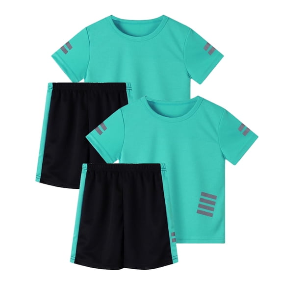 CYRBOKO 2PC Boys Athletic Outfit Sets, Short Sleeve Quick-Dry Summer Reflective-Striped Activewear Clothing Sets Green Size 9-10 T