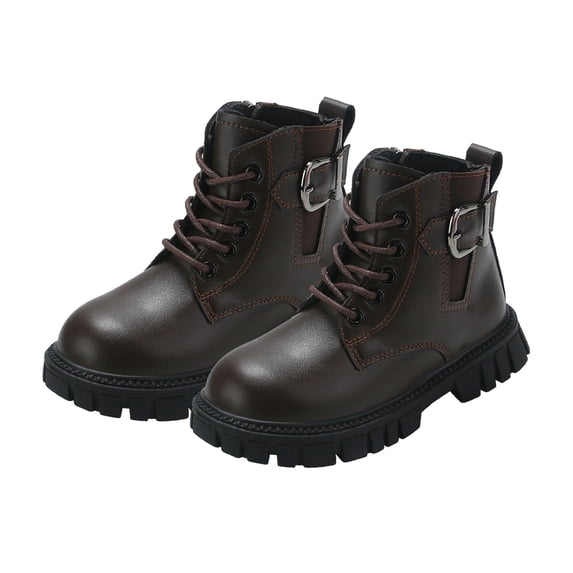 CYRBOKO Ankle Boots for Girls, Fall Winter Side Zip Lace Up Non-slip Girls Riding Boots Brown Size 11 (Little Kids)