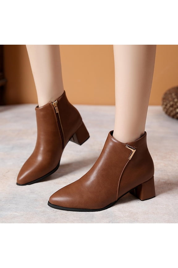 Ankle Boots for Women, Pointy Toe Side Zipper Mid Block Heel Fall Womens Shoes Womens Booties Brown Size 5.5