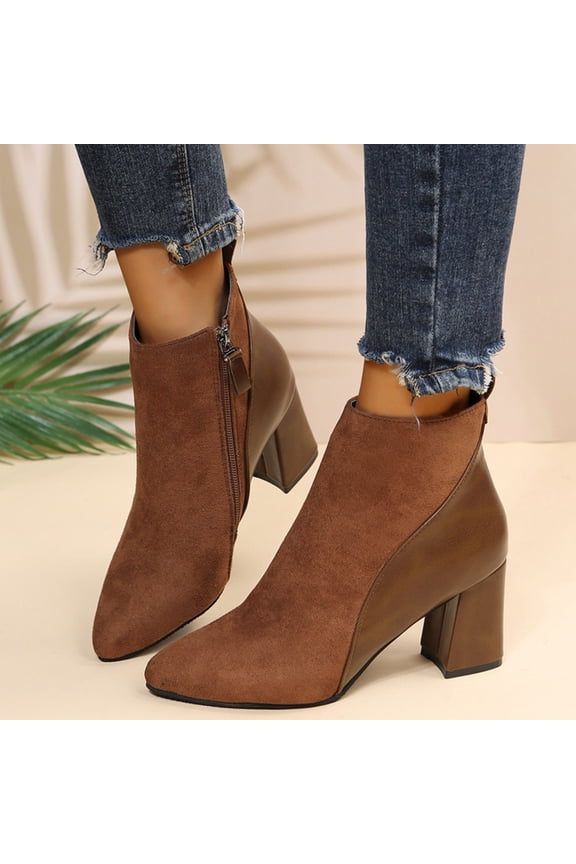 Ankle Boots for Women, Pointy Toe Side Zipper Patchwork High Heel Womens Shoes Womens Booties Brown Size 5