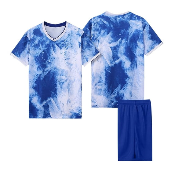 CYRBOKO Athletic Outfit Sets for Boys, Quick-dry Short Sleeve Elastic Waist Tie-dye Summer Top and Shorts Blue Size 12-14 T