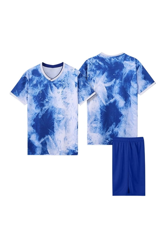 Athletic Outfit Sets for Boys, Quick-dry Short Sleeve Elastic Waist Tie-dye Summer Top and Shorts Blue Size 12-14 T