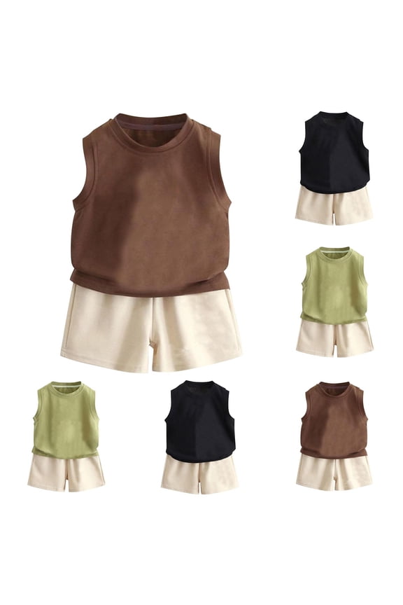 Athletic Outfit Sets for Boys, Running Sleeveless Comfy Summer Tank Top and Shorts Coffee Size 10-12 T