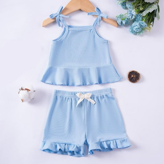 CYRBOKO Baby Girls Outfit Sets, Solid Color 2 Pieces Sleeveless T Shirts with Shorts Sets Blue Size 0-3 Months