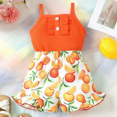 CYRBOKO Baby Girls Outfit Sets, Two Piece Sleeveless Summer T-shirts and Shorts Set Orange Size 3-6 Months