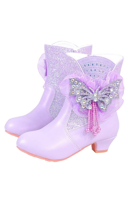 Booties for Girls, Bowknots Thermal Princess Winter Mid Calf Boots with Heel Purple Size 13 (Little Kids)