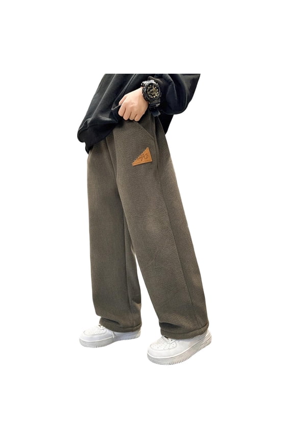 Boy's Pants, Thermal Drawstring Corduroy Elastic Waist Fleece-lined Winter Pants Coffee Size 14-15 T