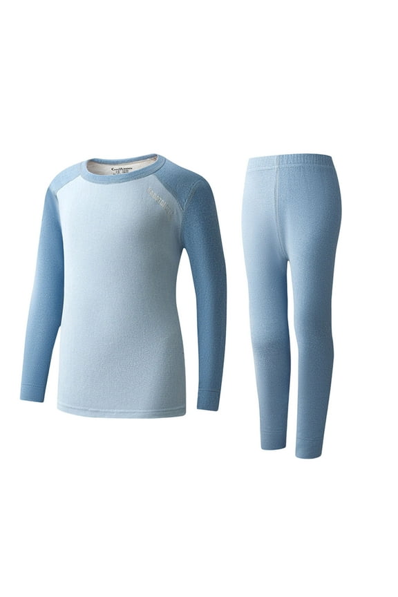 Boy's Thermal Sets, Base Layer Elastic Waist Long Sleeve Cotton Undershirt and Pants Blue Size 9-10 T