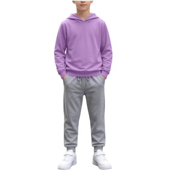 CYRBOKO Boys Athletic Outfit Sets, Casual Fall Long Sleeve Elastic Waist Hoodies with Joggers Purple Size 12-13 T