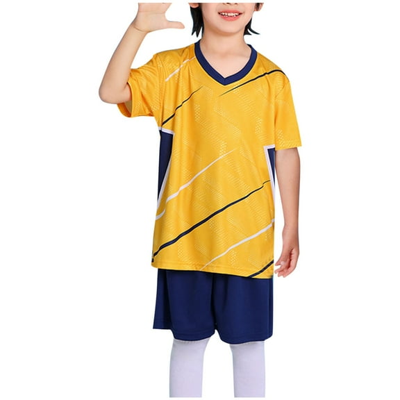 CYRBOKO Boys Athletic Outfit Sets, Short Sleeve Training Elastic Waist Quick-dry Sports Suit Yellow Size 10-12 T