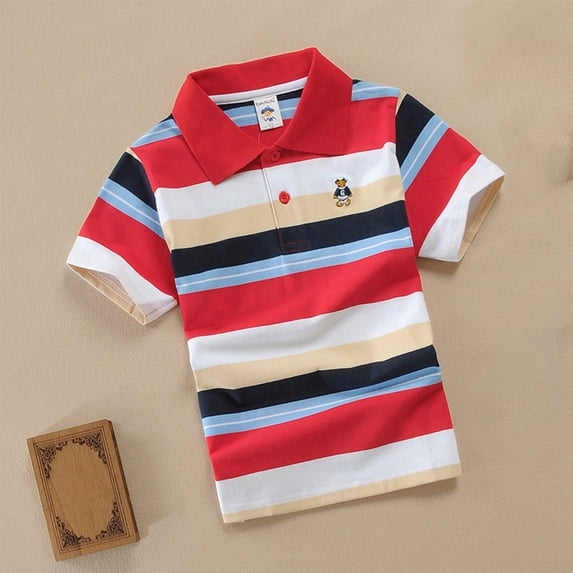 CYRBOKO Boys Athletic Polo Shirts, Short Sleeve Comfy Cotton Striped Summer Tops Red Size 5-6 T