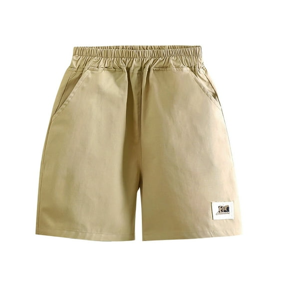 CYRBOKO Boys Athletic Shorts, Casual Elastic Waist Loose Cotton Summer Shorts Khaki Size 7-8T