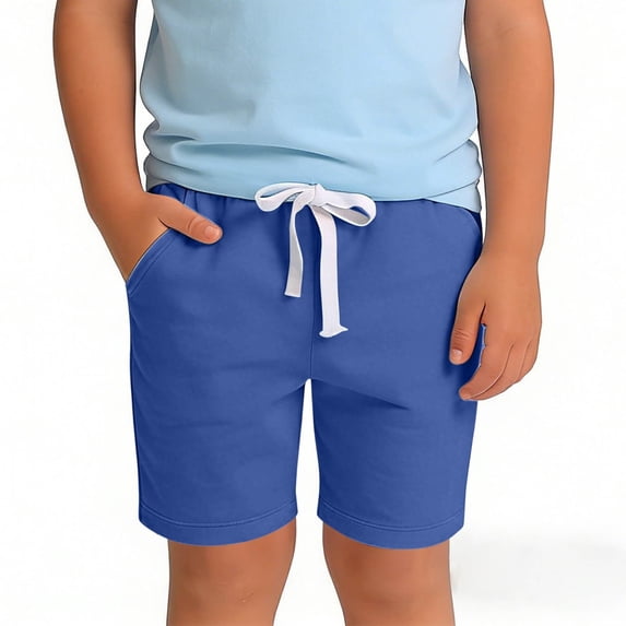 CYRBOKO Boys Athletic Shorts, Comfy Elastic Waist Cotton Drawstring Summer Shorts Blue Size 1-2 T