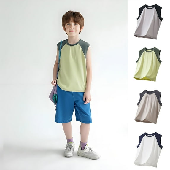 CYRBOKO Boys Athletic T-shirts, Breathable Sleeveless Soft Summer Tank Tops Green Size 7-8 T