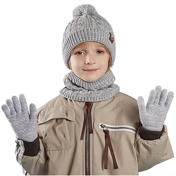 CYRBOKO Boys Beanies,Gloves & Scarves, Winter Three Pieces Thermal Snow Hats with Pompom Gray Size 4-10 T