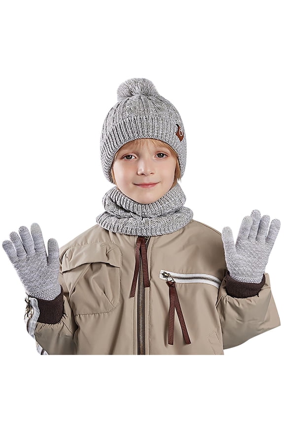 Boys Beanies,Gloves & Scarves, Winter Three Pieces Thermal Snow Hats with Pompom Gray Size 4-10 T