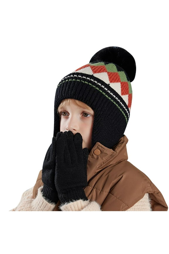 Boys Beanies Sets, Pom-pom Thermal 2 Pieces Winter Gloves and Hats Black Size 4-10 T