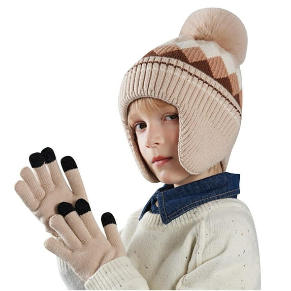 CYRBOKO Boys Beanies Sets, Thermal 2 Pieces Winter Pom-pom Gloves and Hats Khaki Size 4-10 T