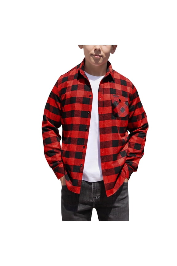 Boys' Button Down Plaid Shirts, Breatable Loose Long Sleeve Fall Lightweight Outerwear with Pocket Red Size 4-15 T