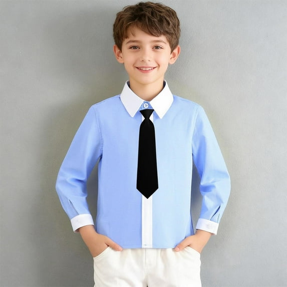CYRBOKO Boys Button Down Shirts with Tie, Cotton Back-to-school Formal Long Sleeve School Uniform Shirts Black Size 5-6 T
