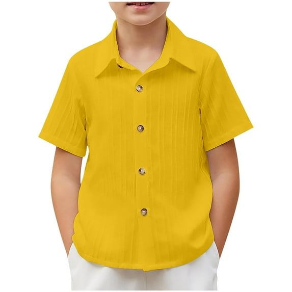 CYRBOKO Boys Button-down Shirts, Lapel Comfy Summer Casual Short Sleeve Tops Yellow Size 9-10 T