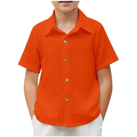 CYRBOKO Boys Button-down Shirts, Summer Comfy Casual Lapel Short Sleeve Tops Orange Size 11-12 T