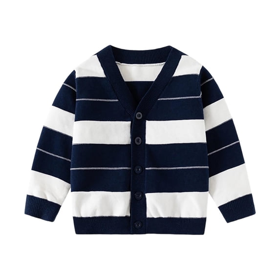 CYRBOKO Boys Cardigan Sweaters, Long Sleeve V-neck Striped Knited Fall Outerwear Navy Size 7-8 T