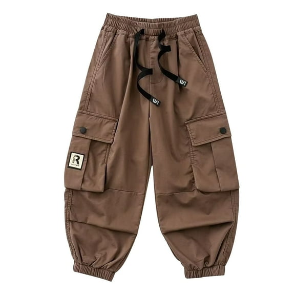 CYRBOKO Boys Cargo Pants 2025, Comfy Cotton Loose Drawstring Runnning Joggers Khaki Size 14 T