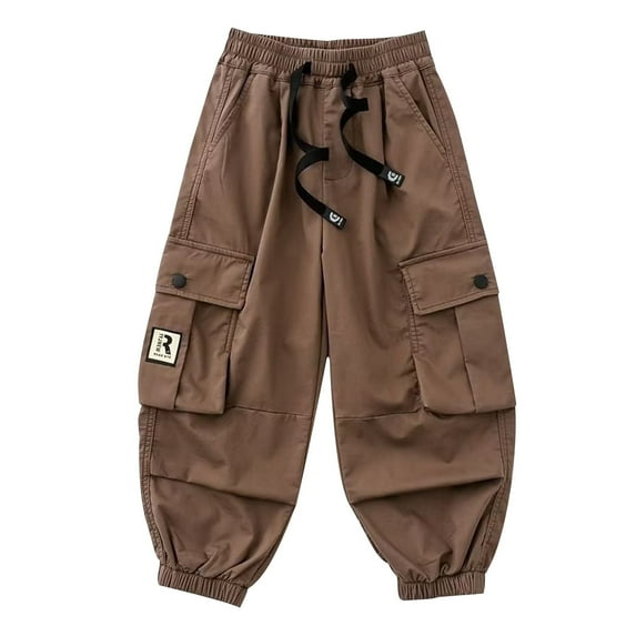CYRBOKO Boys Cargo Pants 2025, Comfy Cotton Loose Drawstring Runnning Joggers Khaki Size 14 T