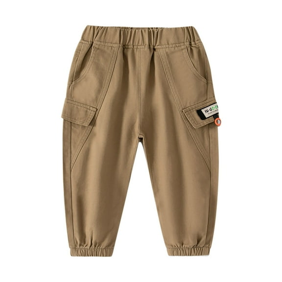 CYRBOKO Boys Cargo Pants, Cotton Loose Elastic Waist Soft Long Pants Khaki Size 6-7 T