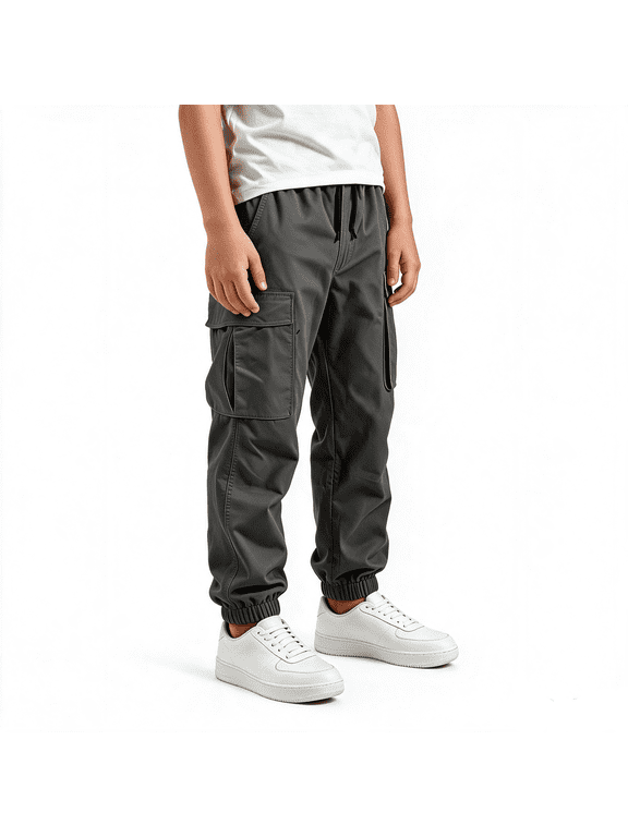 Boys Cargo Pants Size 10-12, Relaxed Fit Elastic Waist Drawstring Casual Jogger Pants with Pockets Dark Gray