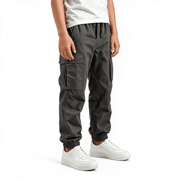 CYRBOKO Boys Cargo Pants Size 10-12, Relaxed Fit Elastic Waist Drawstring Casual Jogger Pants with Pockets Dark Gray