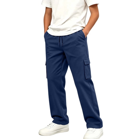 CYRBOKO Boys Cargo Sweatpants Size 10-12 with Pockets, Drawstring Elastic Waist Casual Relaxed Fit Athletic Pants Blue