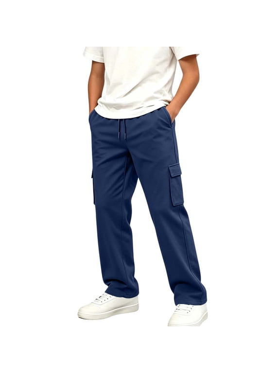 Boys Cargo Sweatpants Size 10-12 with Pockets, Drawstring Elastic Waist Casual Relaxed Fit Athletic Pants Blue