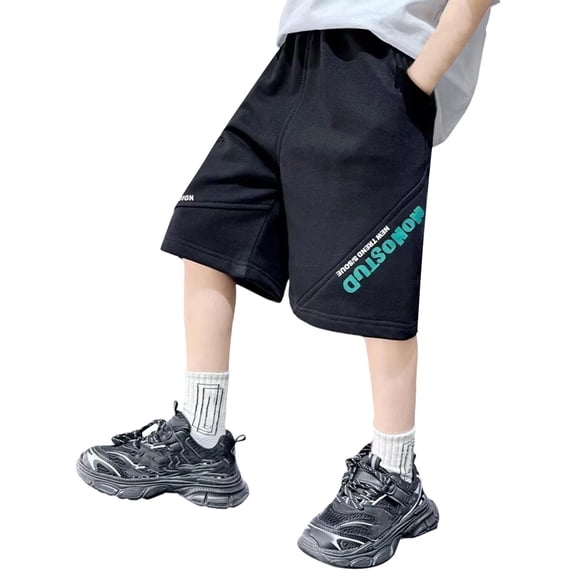 CYRBOKO Boys Casual Shorts, Knee-length Elastic Waist Summer Loose Shorts with Pockets Black Size 11-12 T