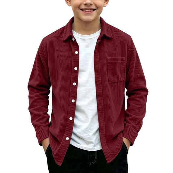 CYRBOKO Boys' Corduroy Button Down Shirts, Casual Lightweight Long Sleeve Collared Shirt Jacket Wine Size 12-13 T