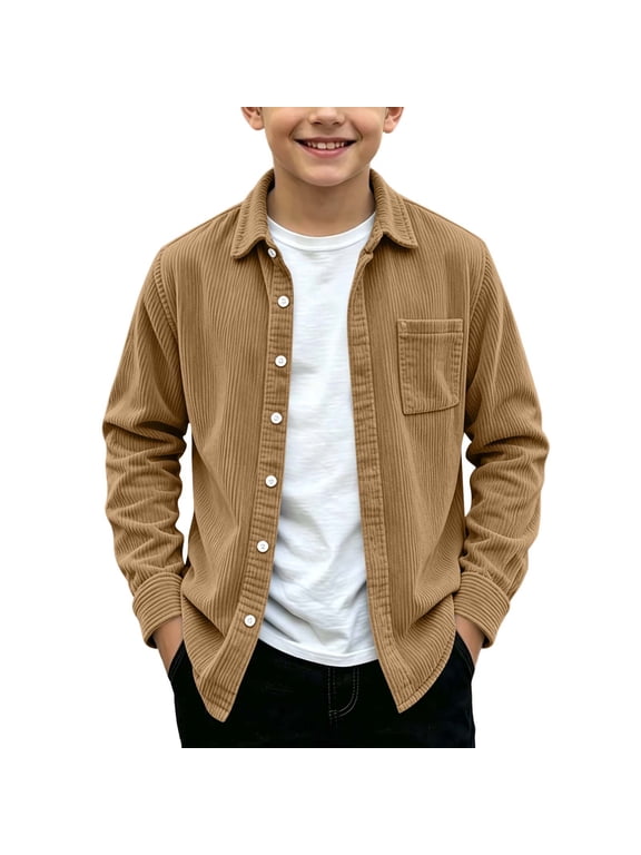 Boys' Corduroy Button Down Shirts Size 10-12, Casual Collared Long Sleeve Lightweight Shirt Jacket Brown