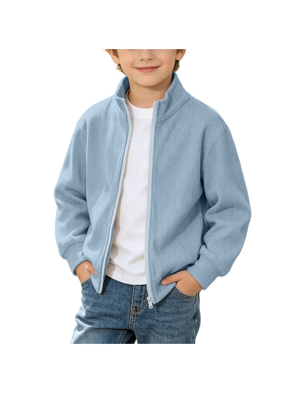 Boys Corduroy Jackets Size 10-12, Stand Collar Lightweight Full Zip Soft Kids Outerwear Blue