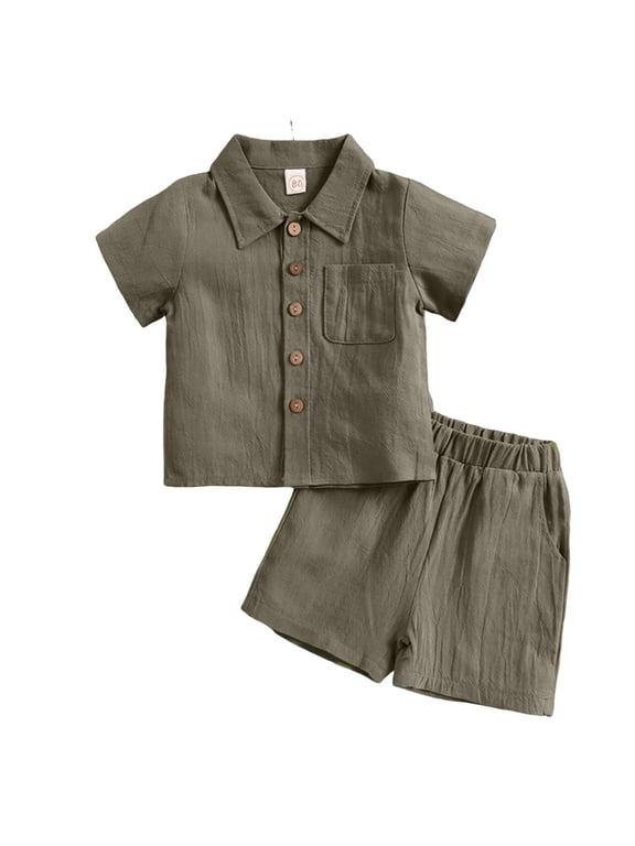 Boys Cotton Linen Outfit Sets, Elastic Waist Summer Two-piece Short Sleeve Button-Down Shirts Sets Army Green Size 7-8 T