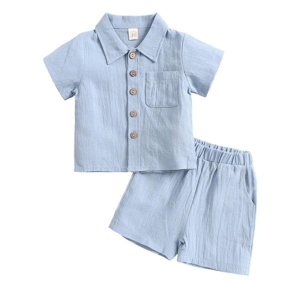 CYRBOKO Boys Cotton Linen Outfit Sets, Short Sleeve Summer Elastic Waist Two-piece Button-Down Shirts Sets Light Blue Size 7-8 T