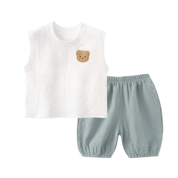 CYRBOKO Boys Cotton Outfit Sets, Two-piece Sleeveless Elastic Waist Summer T-shirts and Joggers Green Size 2-3 T