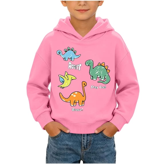 CYRBOKO Boys Dinosaur Graphic Hoodie, Casual Lightweight Pullover Long Sleeve Fall Sweatshirt Top for Kids Pink Size 7-8 T