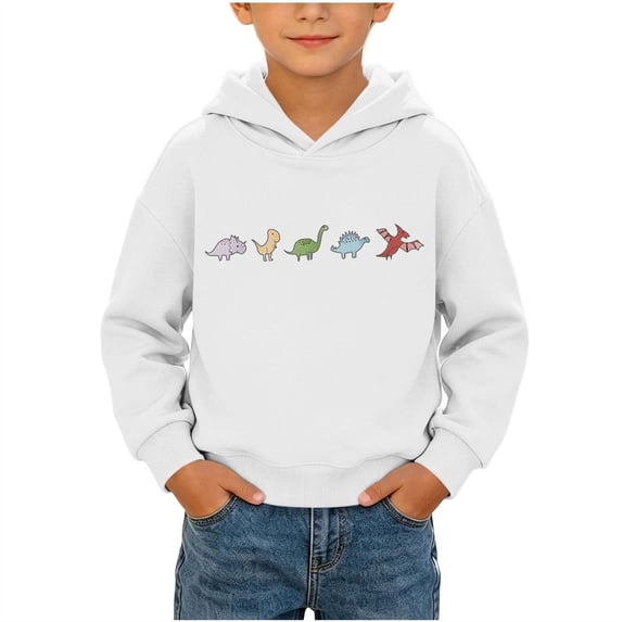 CYRBOKO Boys Dinosaur Graphic Hoodie, Lightweight Long Sleeve Pullover Casual Fall Kids Sweatshirt Top White Size 7-8 T