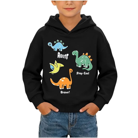 CYRBOKO Boys Dinosaur Graphic Hoodie, Pullover Long Sleeve Casual Lightweight Fall Sweatshirt Top for Kids Black Size 9-10 T