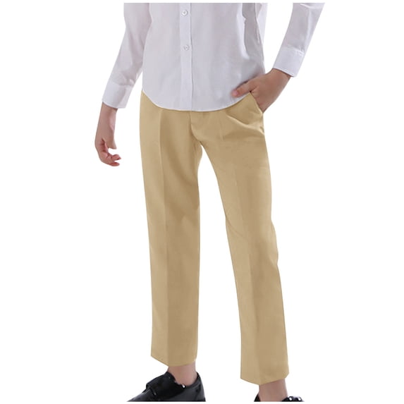 CYRBOKO Boys Dress Pants, Relaxed fit Formal Elastic Waist Straight-leg School Uniform Pants Khaki Size 6-7 T