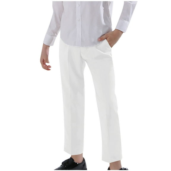 CYRBOKO Boys Dress Pants, Straight-leg Elastic Waist Relaxed fit Formal School Uniform Pants White Size 6-7 T