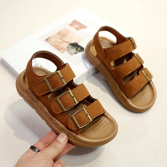 CYRBOKO Boys Flat Sandals, Open Toes Party Hook&Loop Soft Sole Kids Shoes Brown Size 4 (Big Kids)