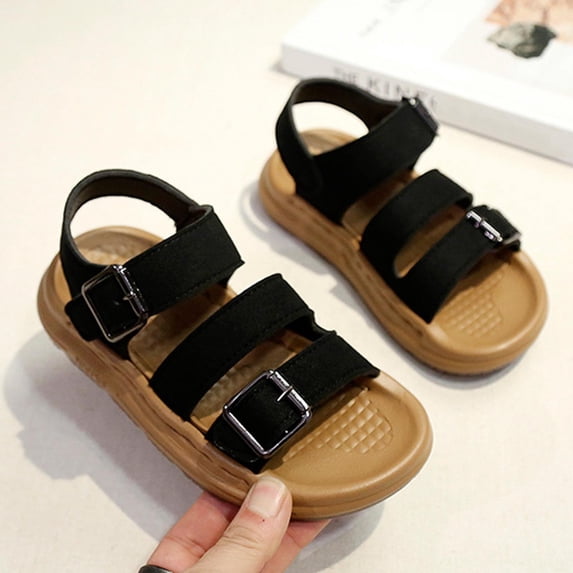 CYRBOKO Boys Flat Sandals, Open Toes Summer Soft Sole Hook&Loop Kids Shoes Black Size 8 (Toddler)