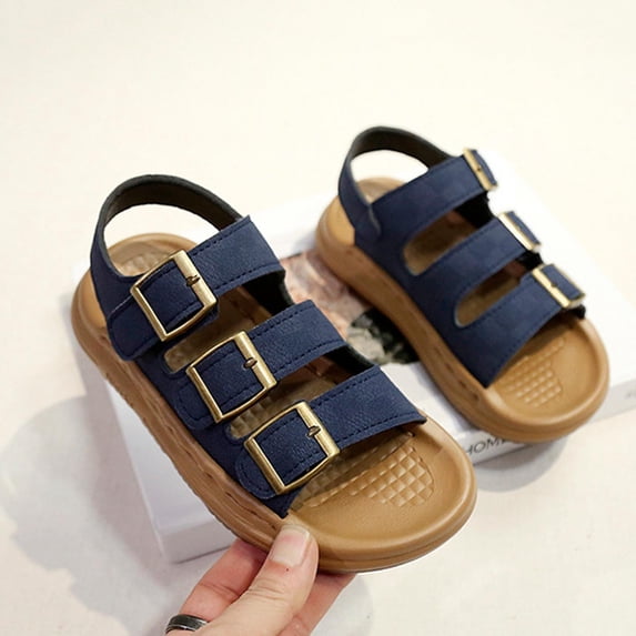CYRBOKO Boys Flat Sandals, Party Open Toes Hook&Loop Soft Sole Kids Shoes Blue Size 8 (Toddler)